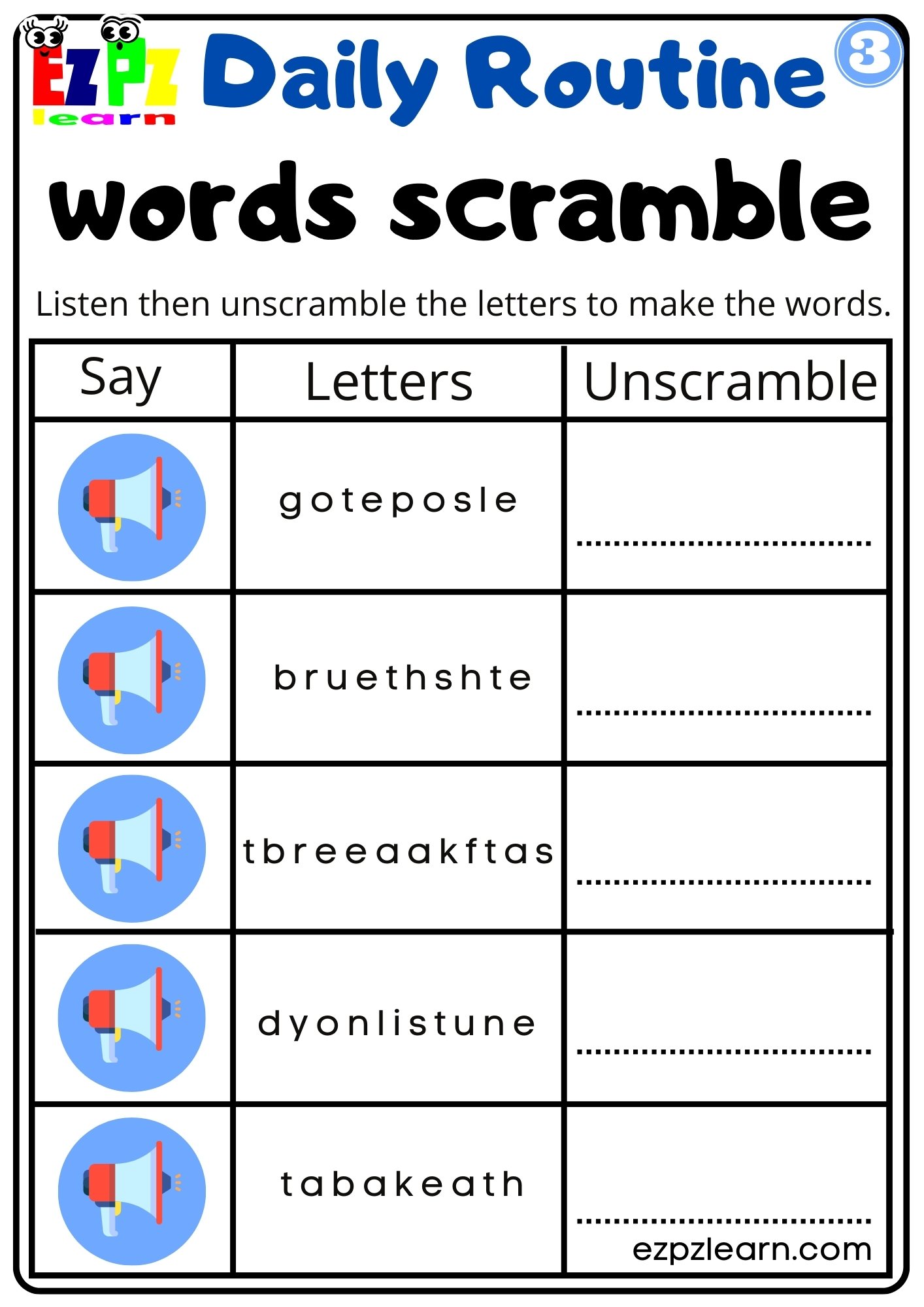 Interactive Daily Routine Vocabulary Worksheet Listen, Unscramble and Write the Words Activity for Kids, Parents and Teachers G3